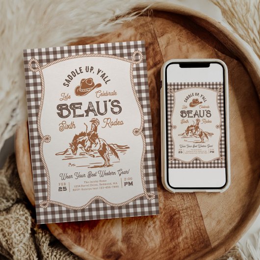 Brown Gingham Rope Rodeo Invitation Kaart