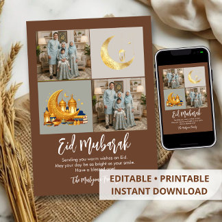 Brown Gold 2 Photo Grid Eid Mubarak Family Photo Feestdagenkaart