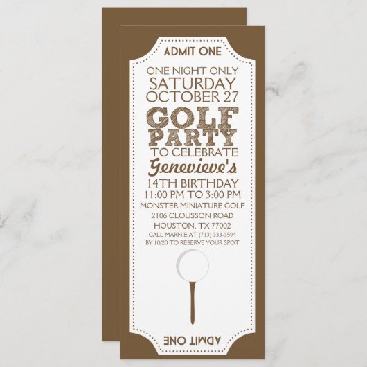 Brown Golf Ticket Golf Invitation d'anniversaire (Devant / Derrière)