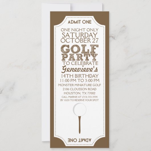 Brown Golf Ticket Golf Invitation d'anniversaire (Devant)