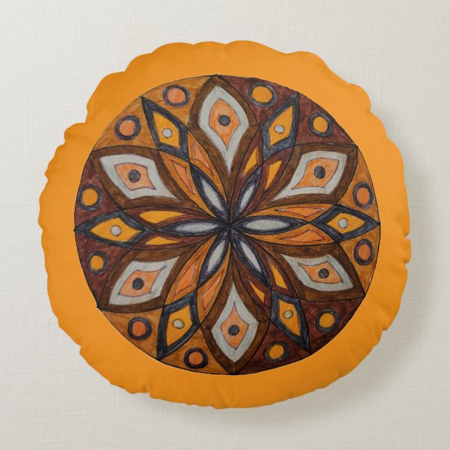 Brown/Gray Starburst Mandala Round Throw Pillow Rond Kussen (Voorkant)