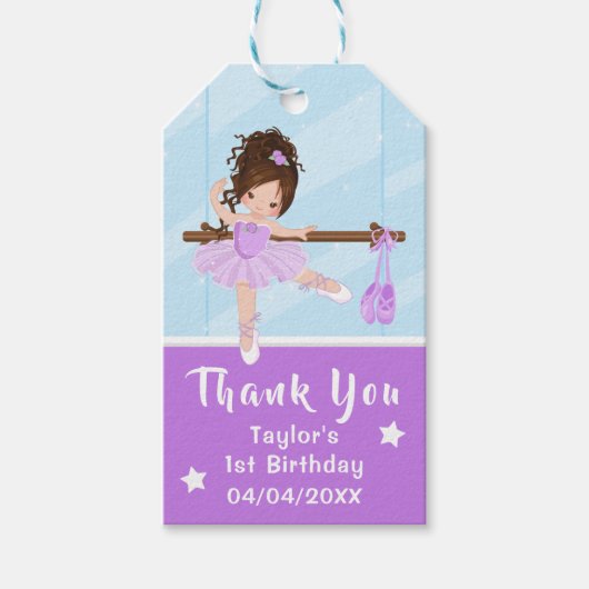 Brown Hair Ballerina Paars Birthday Dank je wel Cadeaulabel (Voorkant)