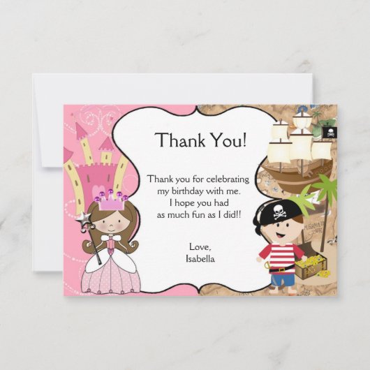 Brown Hair Princess & Pirate Party Carte de remerc (Devant)