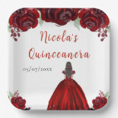 Brown Hair Princess Red Floral Quinceanera Papieren Bordje (Voorkant)