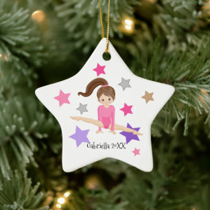 Brown Haire Gymnast Girl Gymnastiek Kerstmis Keramisch Ornament