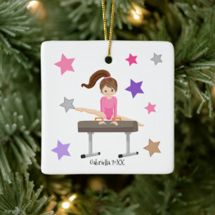 Brown Haire Gymnast Girl Gymnastiek Kerstmis Keramisch Ornament