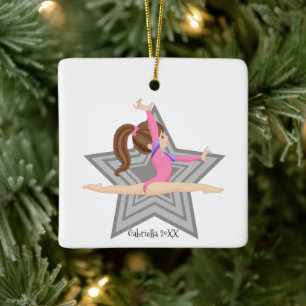 Brown Haire Gymnast Girl Gymnastiek Kerstmis Keramisch Ornament