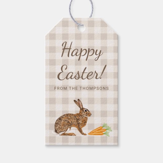 Brown Hare Rabbit And Carrots Happy Easter Beige Cadeaulabel (Voorkant)