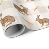 Brown Hares And Carrots Beige Gingham Spring Cadeaupapier (Rol Hoek)