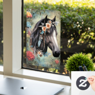  Brown horse in flowers. Raamsticker