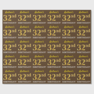 Brown, Imitation Gold look "32e BIRTHDAY" Cadeaupapier