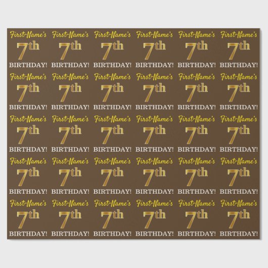 Brown, Imitation Gold look "7th BIRTHDAY" Cadeaupapier (Vlak)