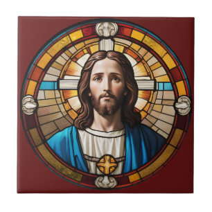 Brown Jesus Christ Circular Faux Glas in lood Tegeltje