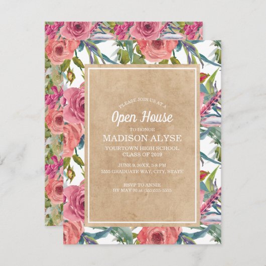 Brown Kraft Pink Boho Floral Afstuderen Open House Kaart (Voorkant / Achterkant)