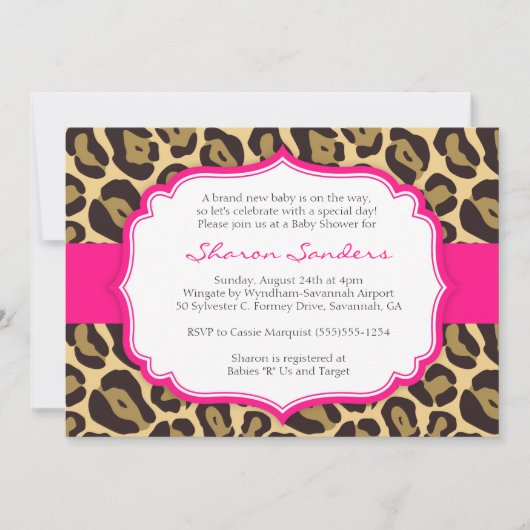 Brown Leopard & Hot Pink Baby Shower Uitnodigingen (Voorkant)