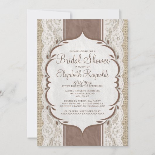 Brown Linen Burlap Lace Bridal Shower Invitations Kaart (Voorkant)
