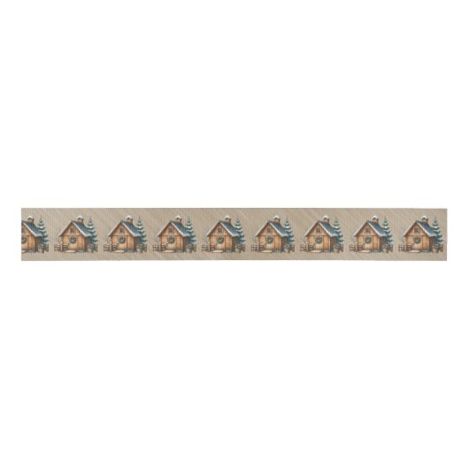 Brown Log House Christmas Scene Grosgrain Lint (Voorkant)