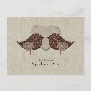 Brown Lovebirds Linnen Look Save the Date Aankondigingskaart