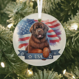 Brown Newfie Patriotic Round Glass Ornament