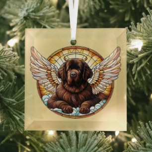 Brown Newfoundland Dog Angel Glass Ornament