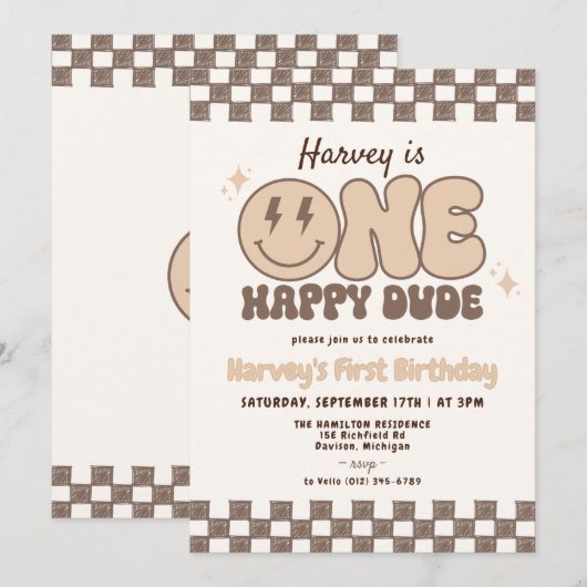 Brown ONE HAPPY DUDE Smile Retro Groovy Verjaardag Kaart (Voorkant / Achterkant)