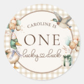 Brown One Lucky Duck Balloon 1st Birthday Sticker (Voorkant)