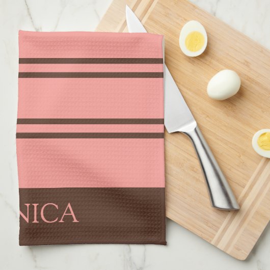  Brown Pink Stripes monogram Name Kitchen Towels Theedoek (Quarter Fold)
