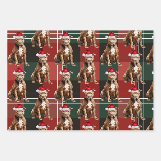 Brown Pit Bull Kersthond Red Green Plaid Inpakpapier Vel (Voorkant 2)