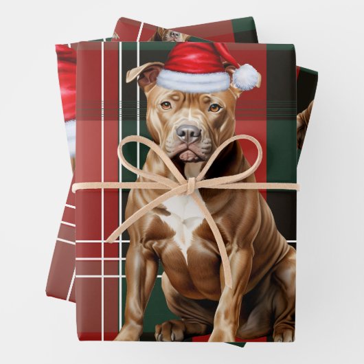 Brown Pit Bull Kersthond Red Green Plaid Inpakpapier Vel (In situ)