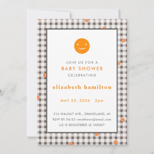 Brown Plaid & Orange Dots Baby Shower Invitation (Devant)
