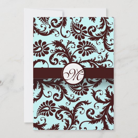 Brown profond Damask Aqua Blue Faire-part de maria (Devant)