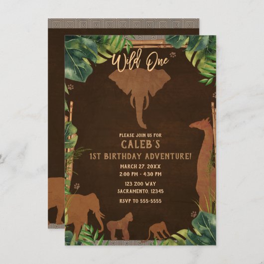 Brown Safari Oerwoud Zoo Animals WILD ONE 1st Part Kaart (Voorkant / Achterkant)