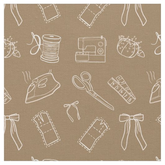 Brown Sewing Themed Pattern Stof (Close Up)