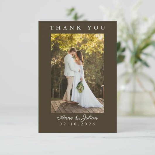 Brown Simple Photo Wedding Thank You Card W Note Bedankkaart (Staand voorkant)