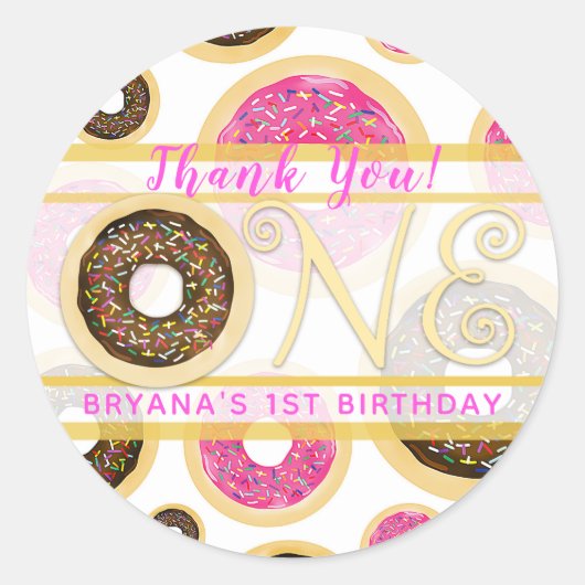 Brown Sprinkle Donut Donuts ONE 1st Birthday Party Ronde Sticker (Voorkant)