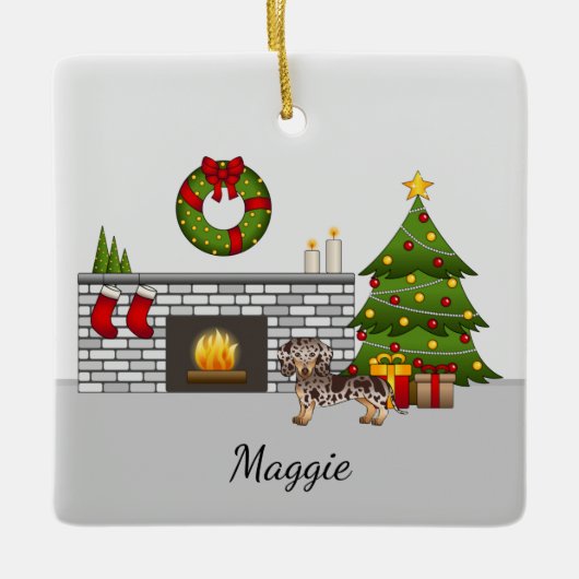 Brown & Tan Dapple Short Hair Dachshund Kerstmis Keramisch Ornament (Voorkant)