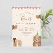 Brown Teddy Bear Birthday Invitation, Cute Neutral Kaart (Staand voorkant)