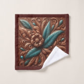 Brown Tooled Faux Leather and Teal Feathers (Gant de toilette)