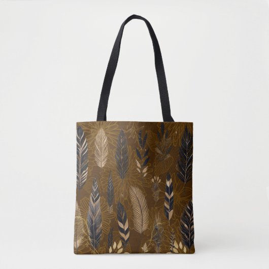 Brown Tote Bag with Feather Print (Devant)