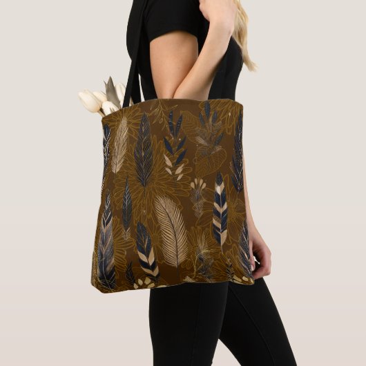 Brown Tote Bag with Feather Print (De près)