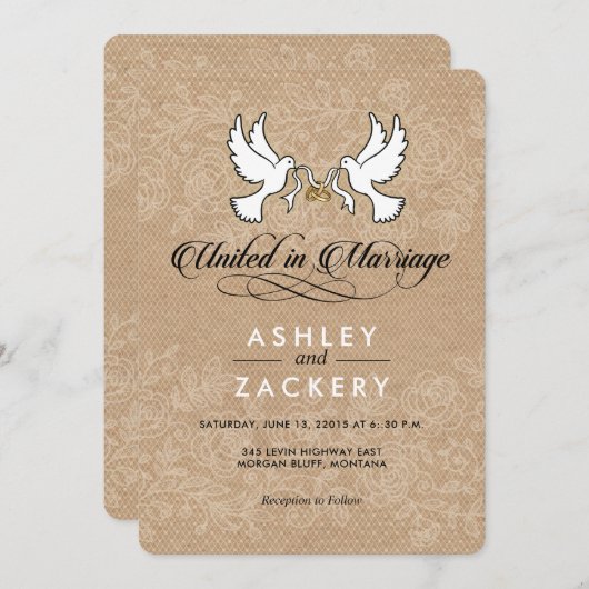 Brown, tourterelles blanches Faire-part de mariage (Devant / Derrière)