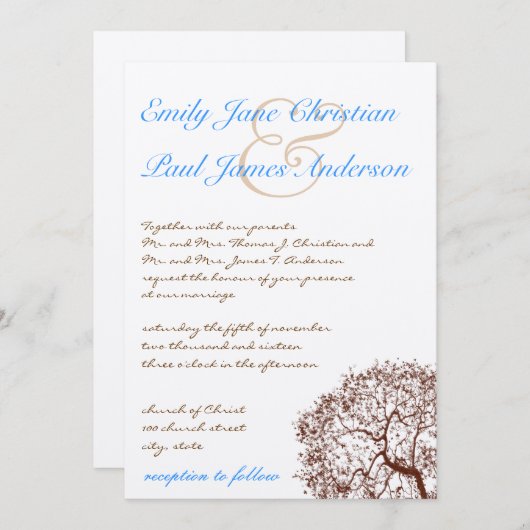 Brown Tree Aqua Blue Font Faire-part de mariage (Devant / Derrière)
