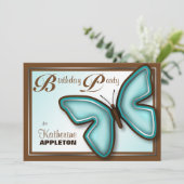 Brown Turquoise Butterfly Birthday Party nodigt ui Kaart (Staand voorkant)
