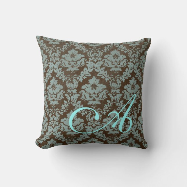 Brown / Turquoise Distressed Damask Coussin person (Recto)
