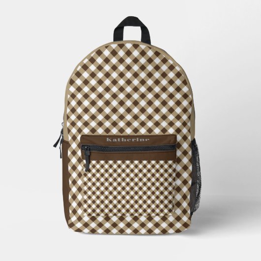 Brown White Gingham Bedrukte Rugzak (Voorkant)