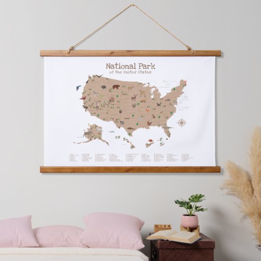Brown Woodland National Parks Kaart Kleuterschool  Hangend Wandkleed (Slaapkamer)