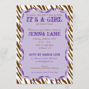 Brown Zebra Print Paars Ribbon Baby shower Invite Kaart