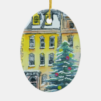 Brownstone Kerstmis Whimsical Hand Drawn Keramisch Ornament