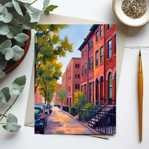 Brownstone Stadstraat Boston Baksteen Aquarel Briefkaart
