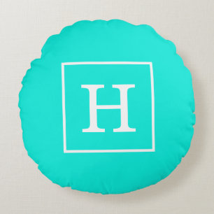 Brt Aqua Turquoise Witte Omlijst Initiaal Monogram Rond Kussen